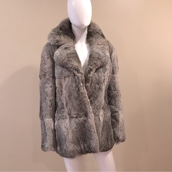 Womens Fur Coat Jacket Size 46 Medium Grey Rabbit Pockets Hook Closure Flaw - Picture 9 of 16